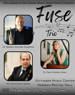 On Wednesday, Feb. 25, guest artist Fuse Trio will perform in Newman Recital Hall, located in the Gittinger Music Center at College of the Ozarks, at 7 p.m.